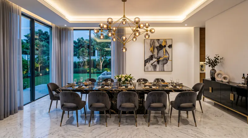 Home completed by the Almashhad Sky team: Dining room with a garden view
