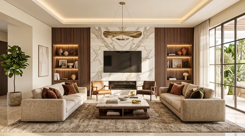 Home completed by the Almashhad Sky team: Warm living room with a TV wall and lit shelves