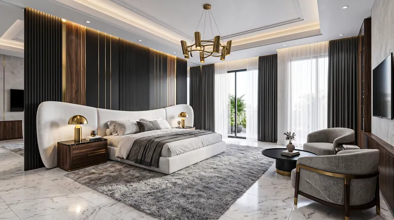 Home completed by the Almashhad Sky team: Master bedroom with a curved bed