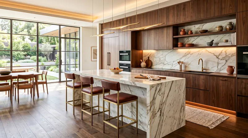 Home completed by the Almashhad Sky team: Wooden kitchen with an island, open to the dining area