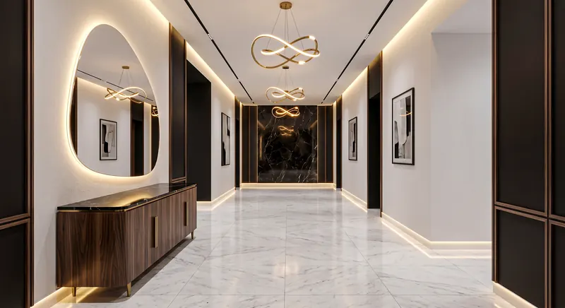 Home completed by the Almashhad Sky team: Entrance hallway with a lit mirror and hidden lighting