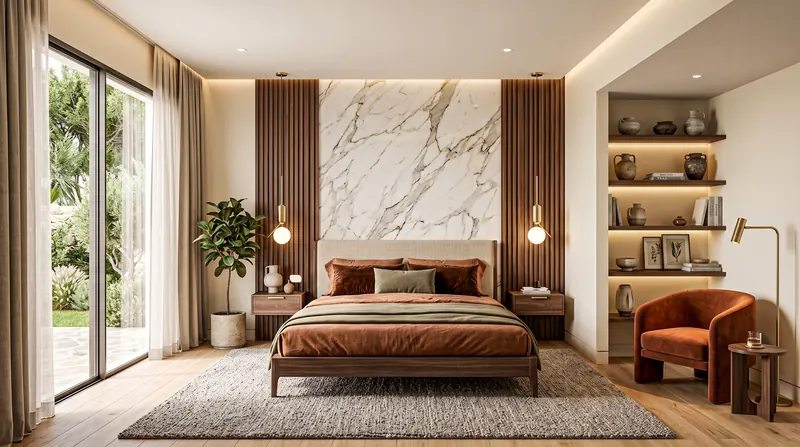 Home completed by the Almashhad Sky team: Warm bedroom with lit shelves