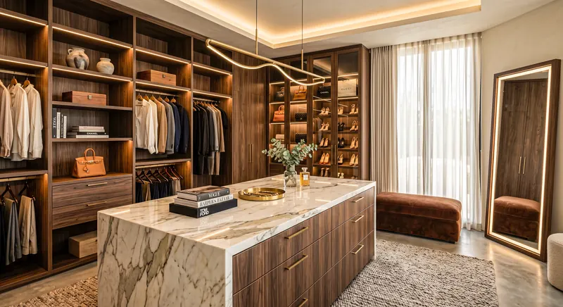 Home completed by the Almashhad Sky team: Wooden dressing room with a drawer island