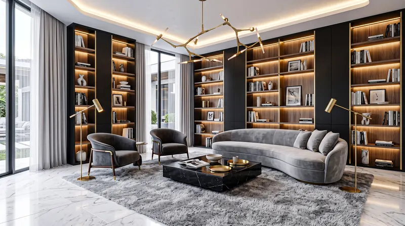 Home completed by the Almashhad Sky team: Library and seating area with hidden lighting