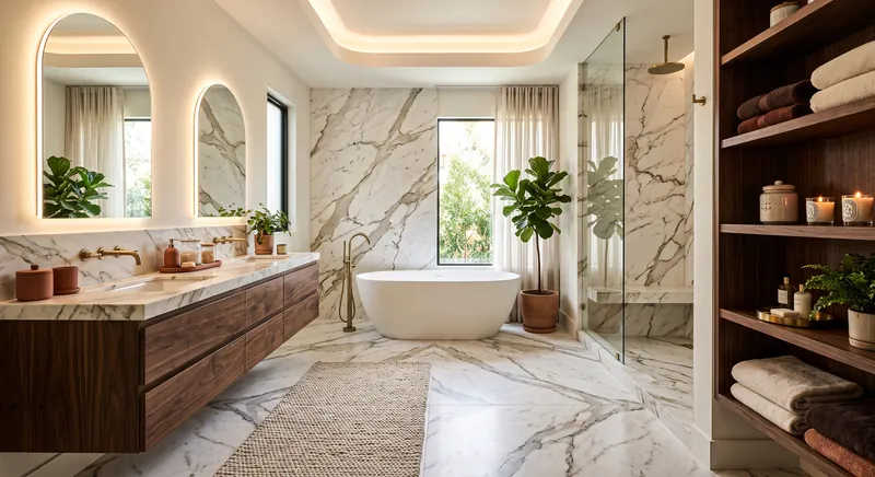 Home completed by the Almashhad Sky team: Master bathroom with a freestanding tub and towel shelves