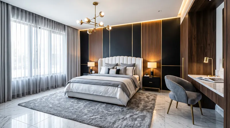 Home completed by the Almashhad Sky team: Bedroom in dark wood and grey