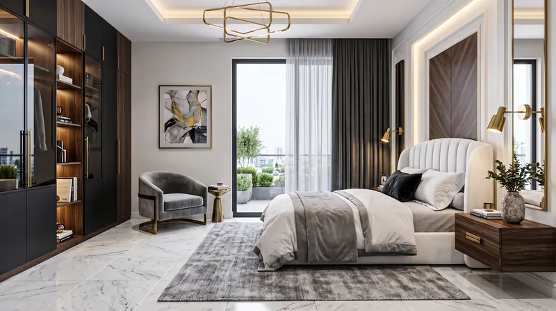 Home completed by the Almashhad Sky team: Calm bedroom with a view