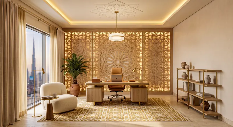 Home office completed by the Almashhad Sky team: Gold mashrabiya with hidden lighting