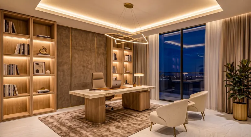 Home office completed by the Almashhad Sky team: Bookcase with warm lighting and a wood desk