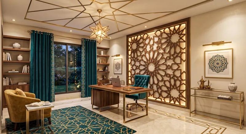 Home office completed by the Almashhad Sky team: Lit mashrabiya panel with geometric patterns