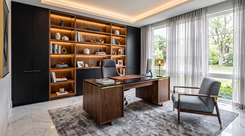 Home office completed by the Almashhad Sky team: Built-in bookcase and a dark wood desk