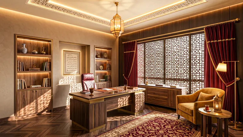 Home office completed by the Almashhad Sky team: Wood mashrabiya and lit shelves