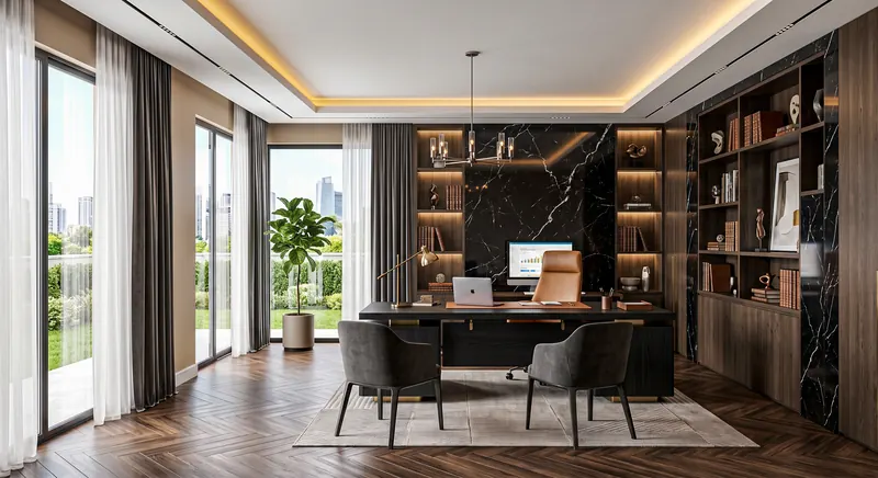 Home office completed by the Almashhad Sky team: Dark wall and lit shelves with a city view
