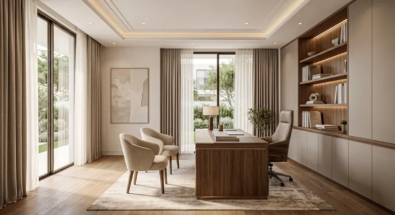 Home office completed by the Almashhad Sky team: Warm study with a bookcase and guest seating