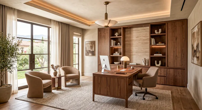 Home office completed by the Almashhad Sky team: Warm wood with a side seating area