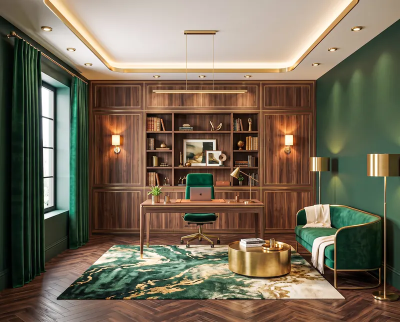Home office completed by the Almashhad Sky team: Emerald green, wood and gold touches