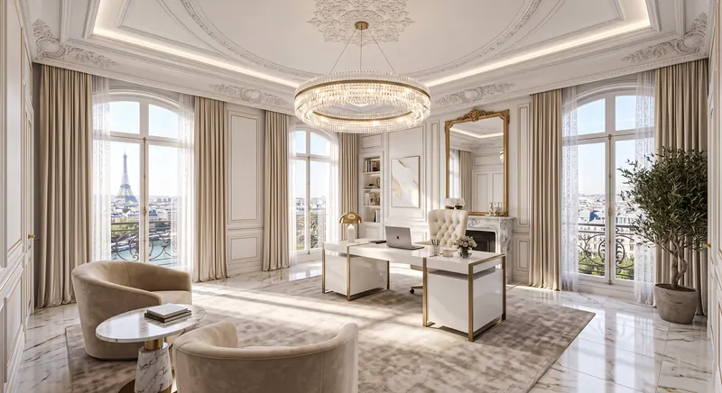 Home office completed by the Almashhad Sky team: White French classic study