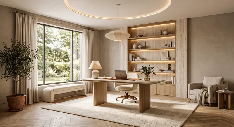 Home office completed by the Almashhad Sky team: Calm study in shades of beige