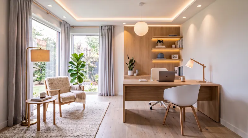 Home office completed by the Almashhad Sky team: Simple study in light wood