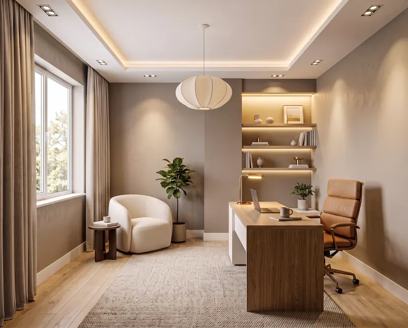 Home office completed by the Almashhad Sky team: Simple, in light brown tones