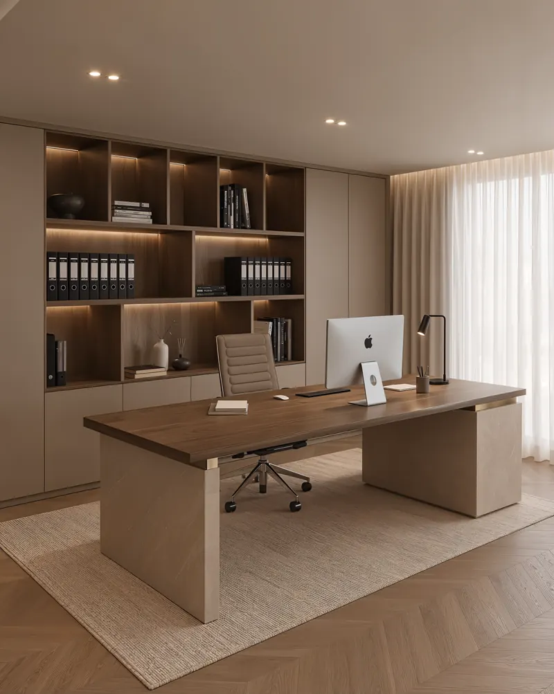 Home office completed by the Almashhad Sky team: Large desk and lit shelves