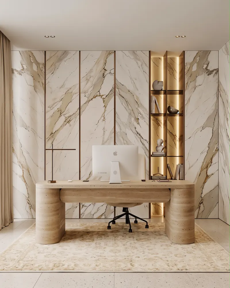 Home office completed by the Almashhad Sky team: Light veined wall and a desk with rounded edges