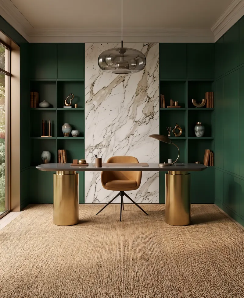Home office completed by the Almashhad Sky team: Green shelves around a light wall, and a desk on two gold legs