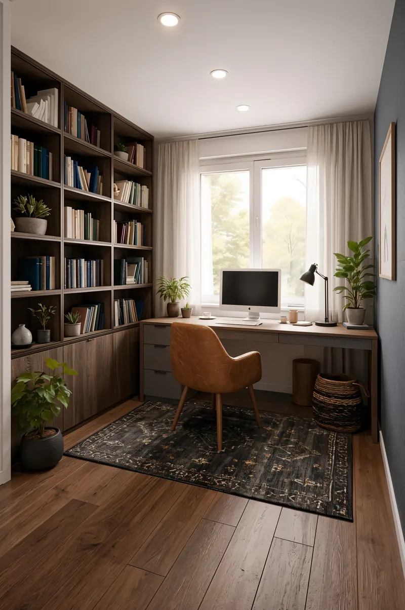 Home office completed by the Almashhad Sky team: Built-in bookcase for a small room