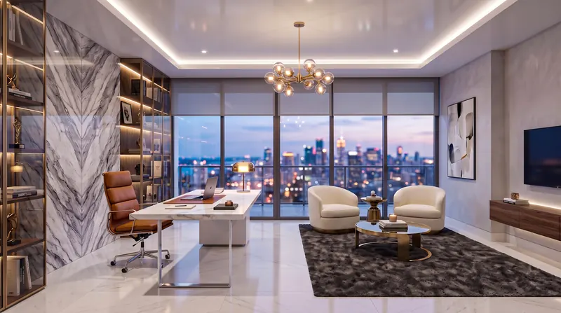 Home office completed by the Almashhad Sky team: White desk with a city view