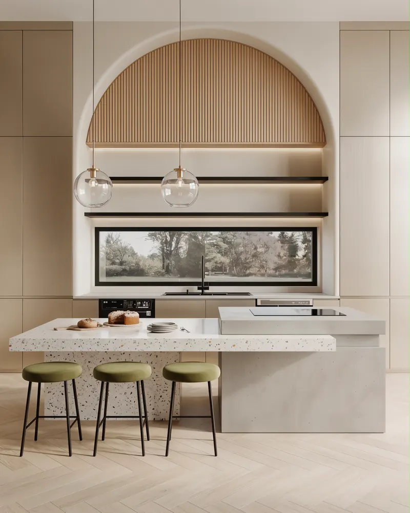 Kitchen built by the Almashhad Sky team: Light kitchen with an arch and bar stools