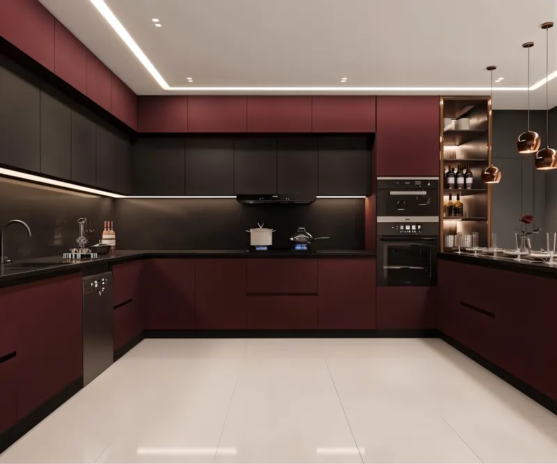 Kitchen built by the Almashhad Sky team: Burgundy and dark tones with pendant lights