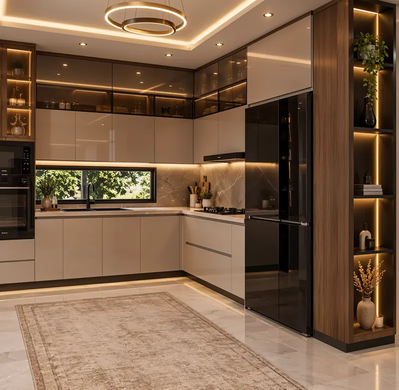 Kitchen built by the Almashhad Sky team: Glossy cabinets and hidden lighting