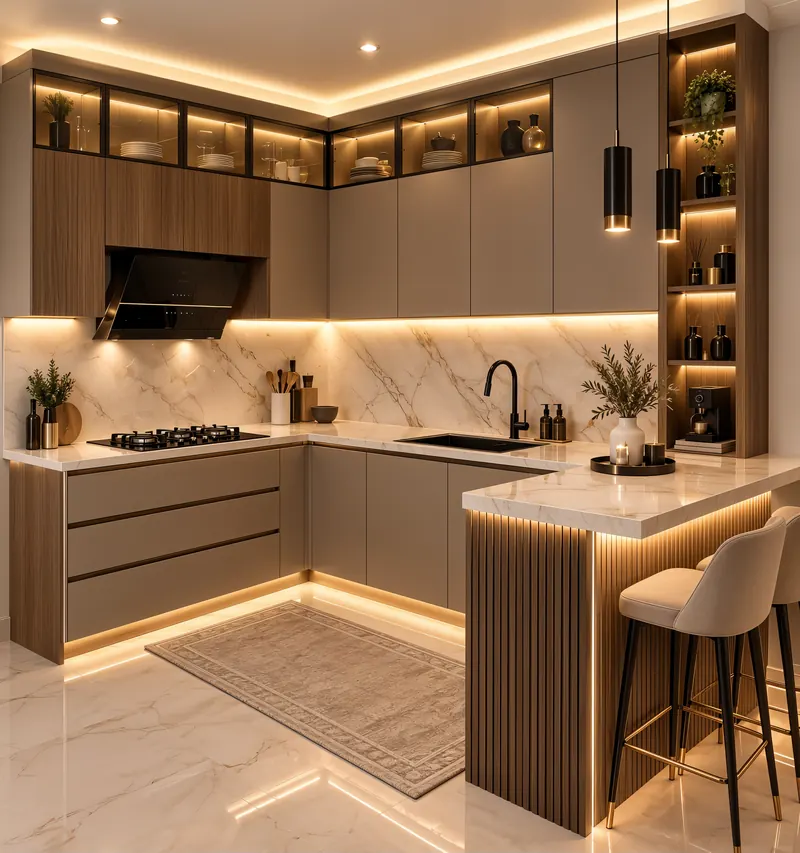 Kitchen built by the Almashhad Sky team: Corner kitchen with a bar counter and hidden lighting
