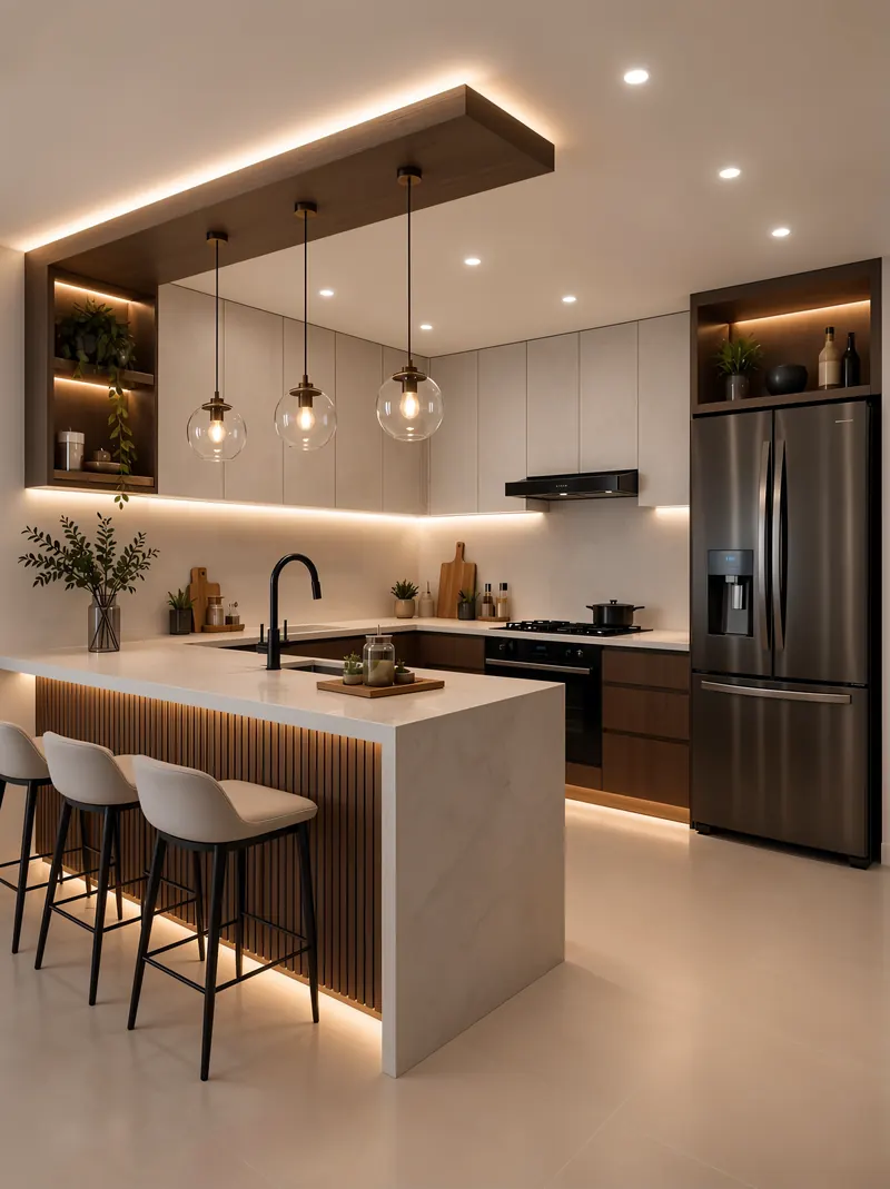 Kitchen built by the Almashhad Sky team: Island with vertical slats and bar stools
