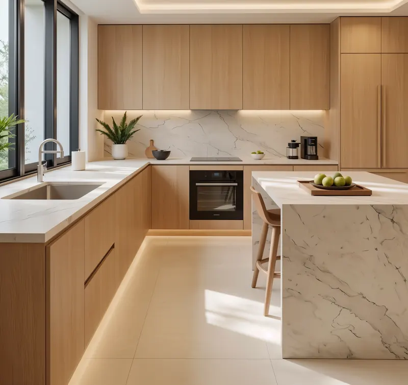 Kitchen built by the Almashhad Sky team: Warm, light-coloured kitchen with a small island