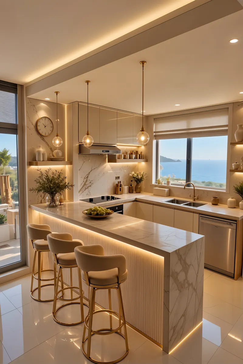 Kitchen built by the Almashhad Sky team: Light kitchen with bar stools and a view
