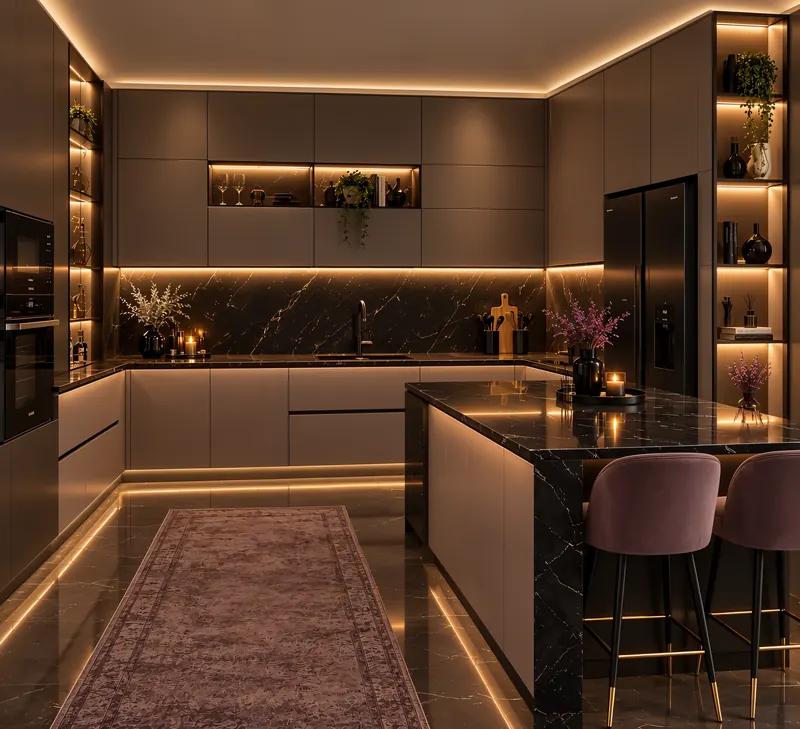 Kitchen built by the Almashhad Sky team: Dark kitchen with warm lighting