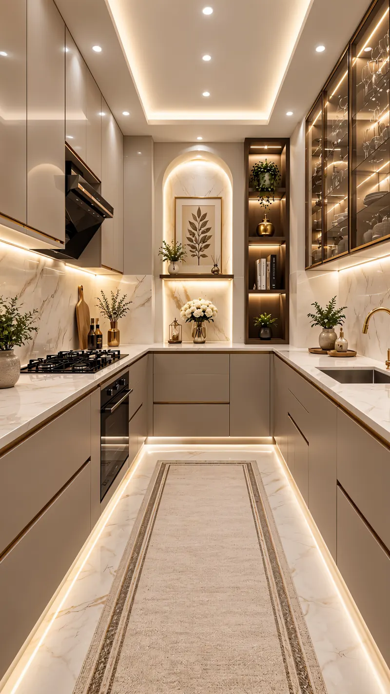 Kitchen built by the Almashhad Sky team: Narrow kitchen with hidden lighting and lit shelves