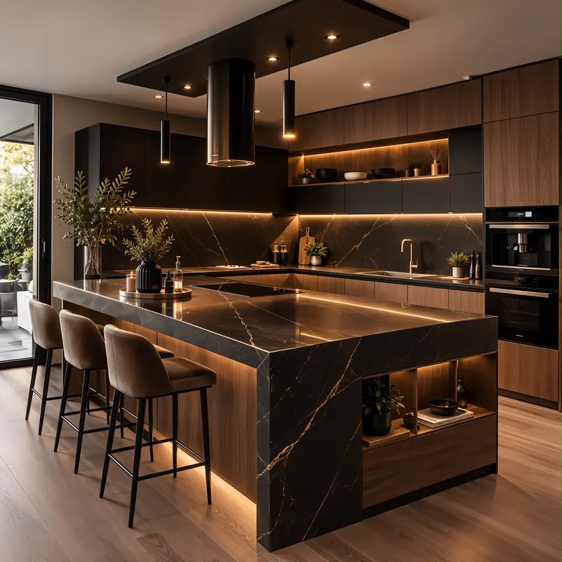 Kitchen built by the Almashhad Sky team: Black island with bar stools