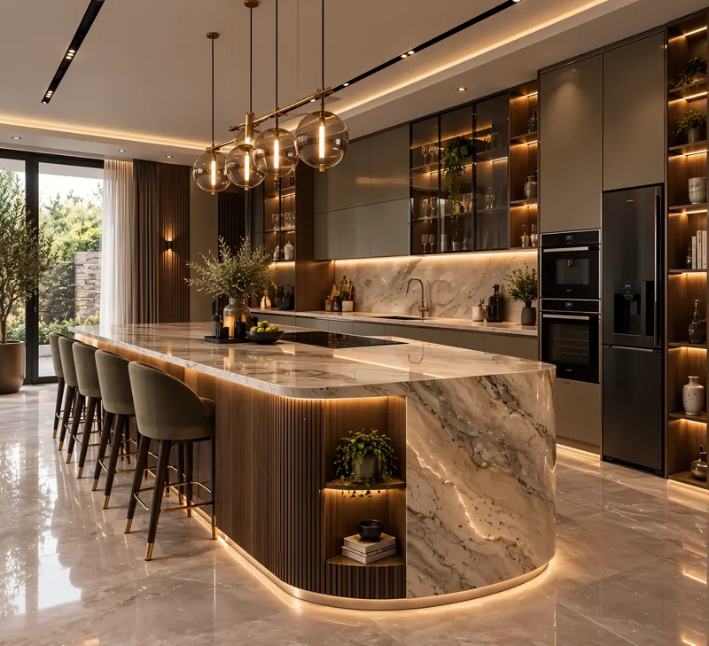 Kitchen built by the Almashhad Sky team: Island with a curved edge and lit shelves