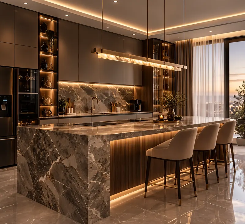 Kitchen built by the Almashhad Sky team: Dark island with hidden lighting and bar stools