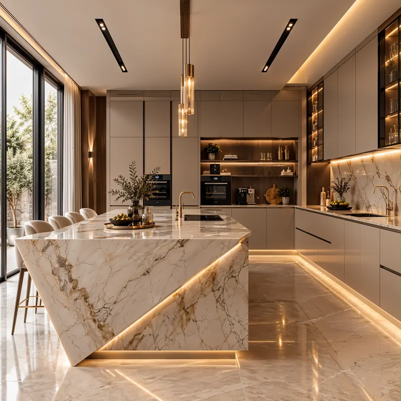 Kitchen built by the Almashhad Sky team: Island with a geometric cut and lighting underneath