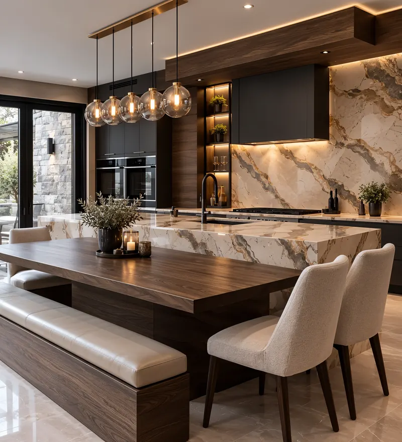 Kitchen built by the Almashhad Sky team: Island joined to a dining table, with black cabinets