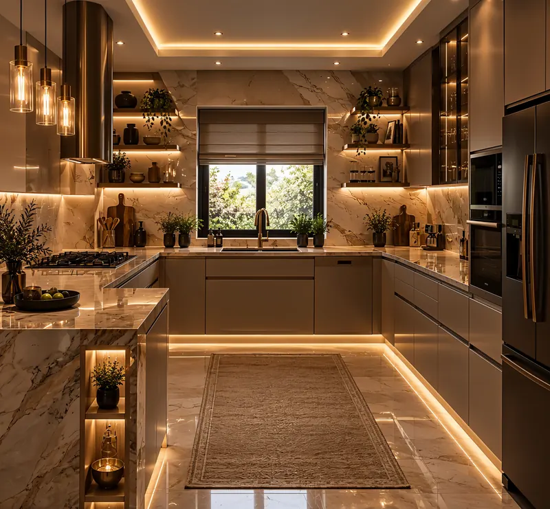 Kitchen built by the Almashhad Sky team: Kitchen with a central window and lit shelves