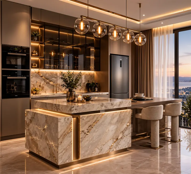 Kitchen built by the Almashhad Sky team: Light island and glass cabinets with a view