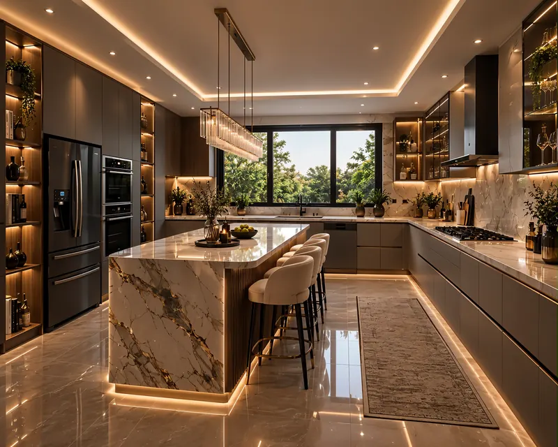 Kitchen built by the Almashhad Sky team: Long island with a garden view