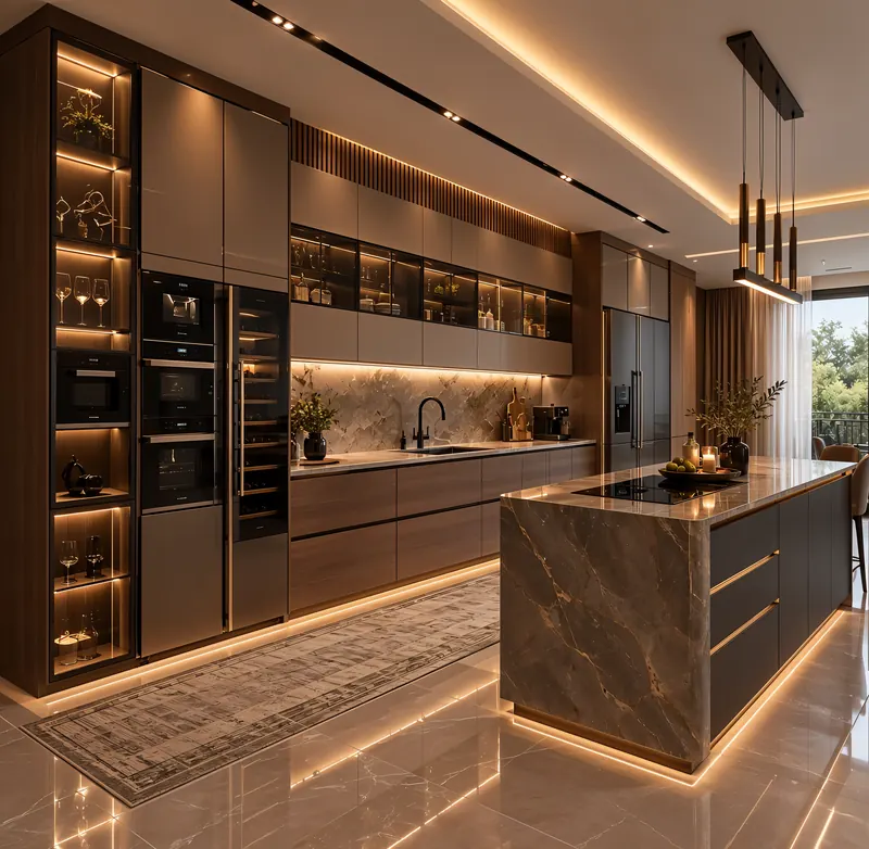 Kitchen built by the Almashhad Sky team: Dark island and full-height cabinets with lit shelves