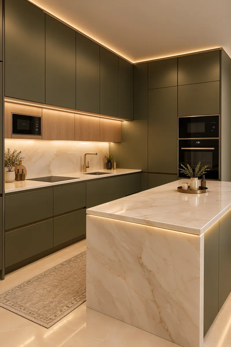 Kitchen built by the Almashhad Sky team: Olive cabinets and a light island
