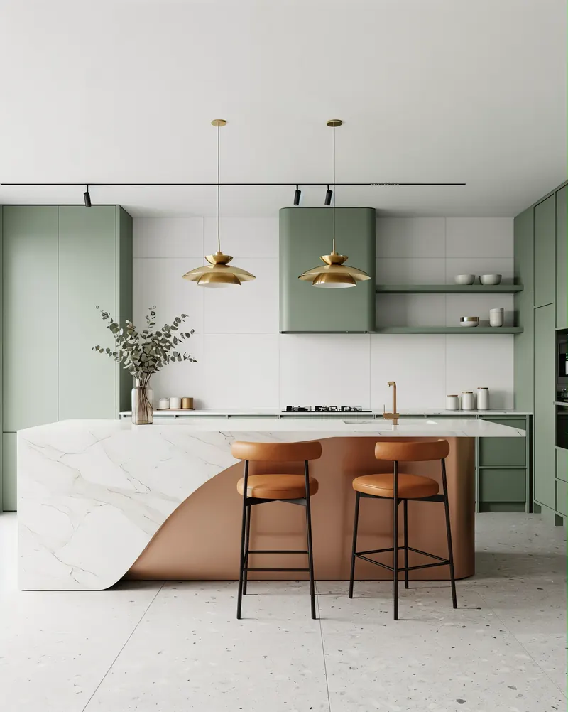 Kitchen built by the Almashhad Sky team: Soft green with a curved island