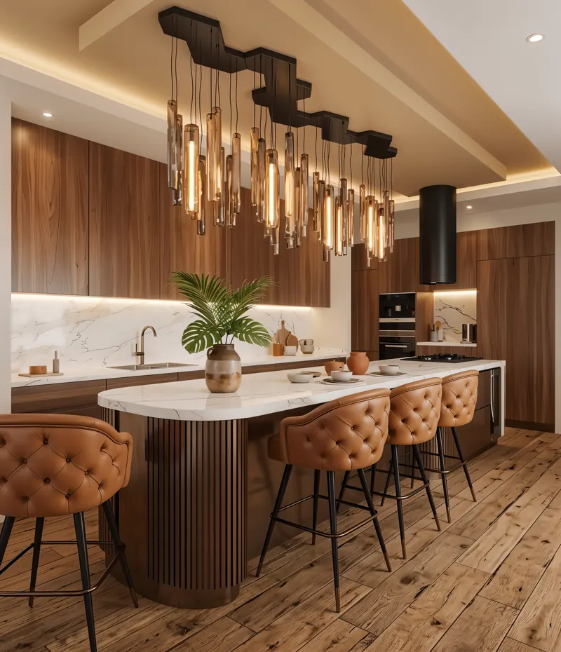 Kitchen built by the Almashhad Sky team: Large island with bar stools in a warm colour